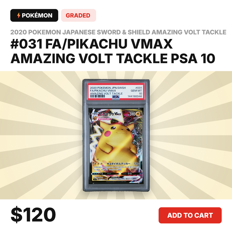 Pikachu VMAX #031 Full Art PSA 10 GEM MINT graded slab — 2020 Pokémon Japanese Amazing Volt Tackle s4