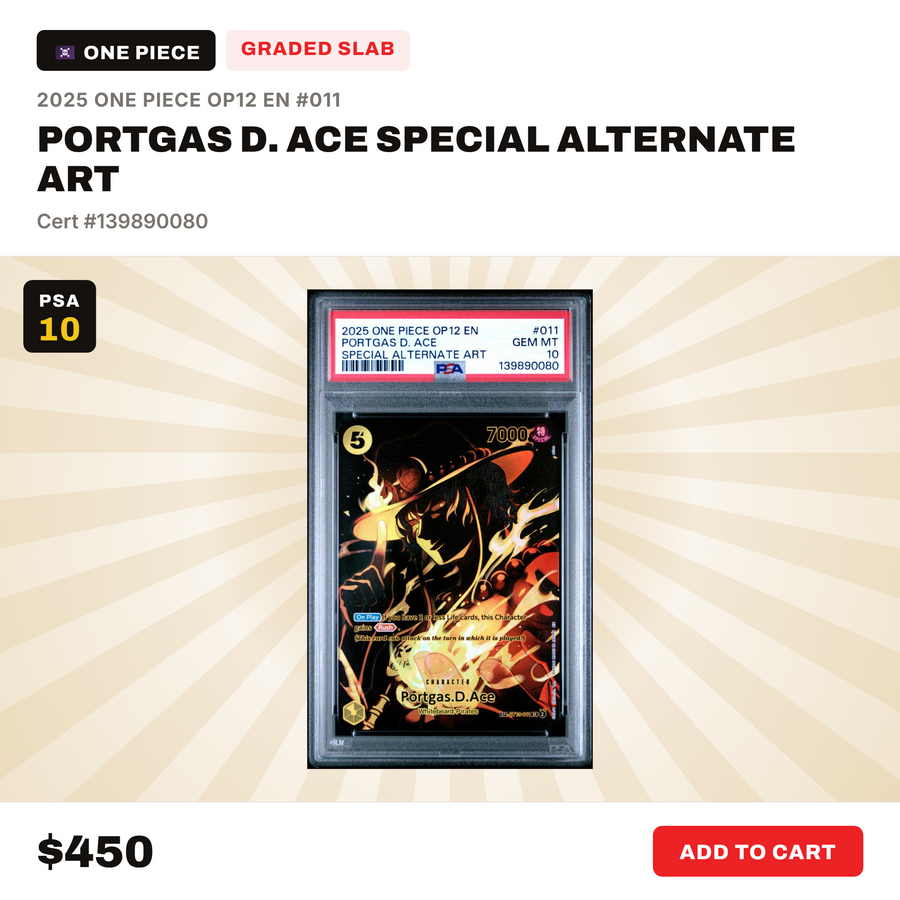 2025 One Piece OP12 Legacy of the Master Portgas D. Ace #011 Special Alternate Art PSA 10 graded card in PSA slab
